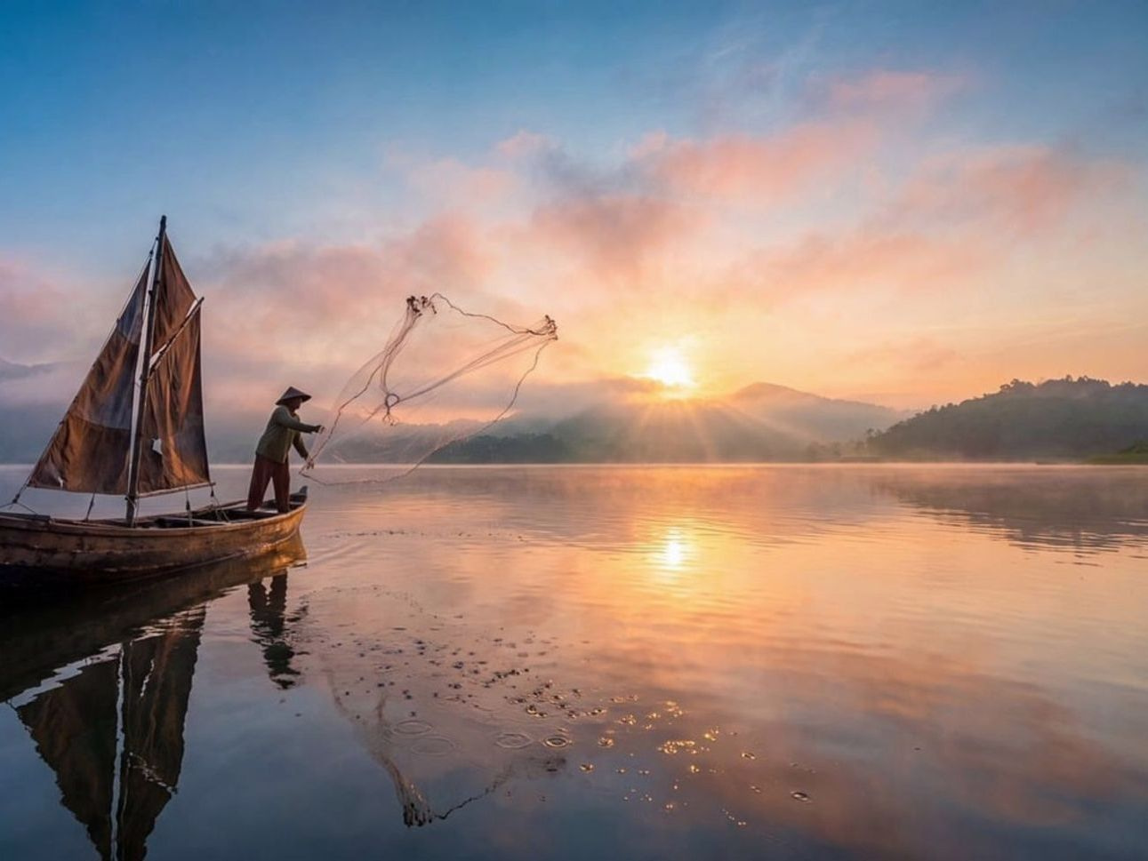 Uma baía tranquila ao amanhecer, antes do primeiro lançamento